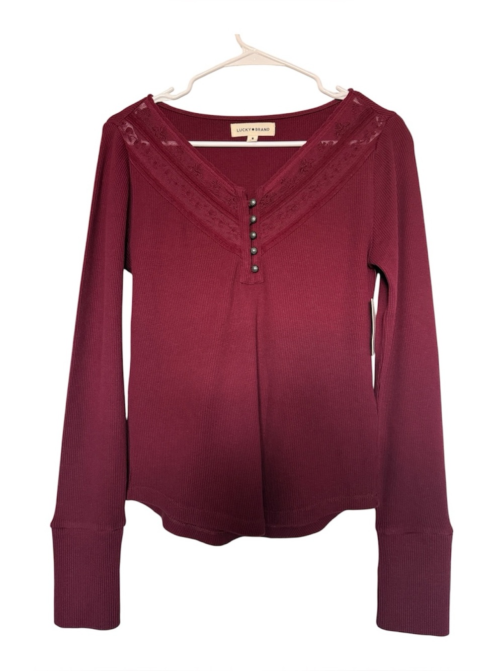 Lucky Brand Burgundy Lace-Trim Henley Long-Sleeve Top